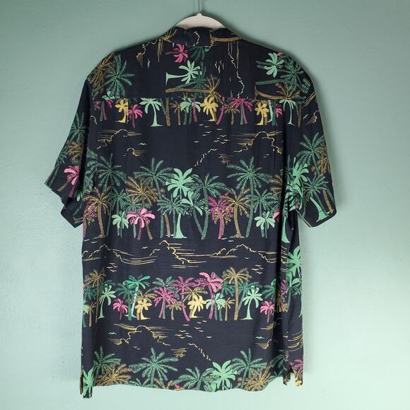 Tommy Bahama Mens Black Pink Silk Palm Tree Print Button Up SS Shirt Size Large - Picture 2 of 5